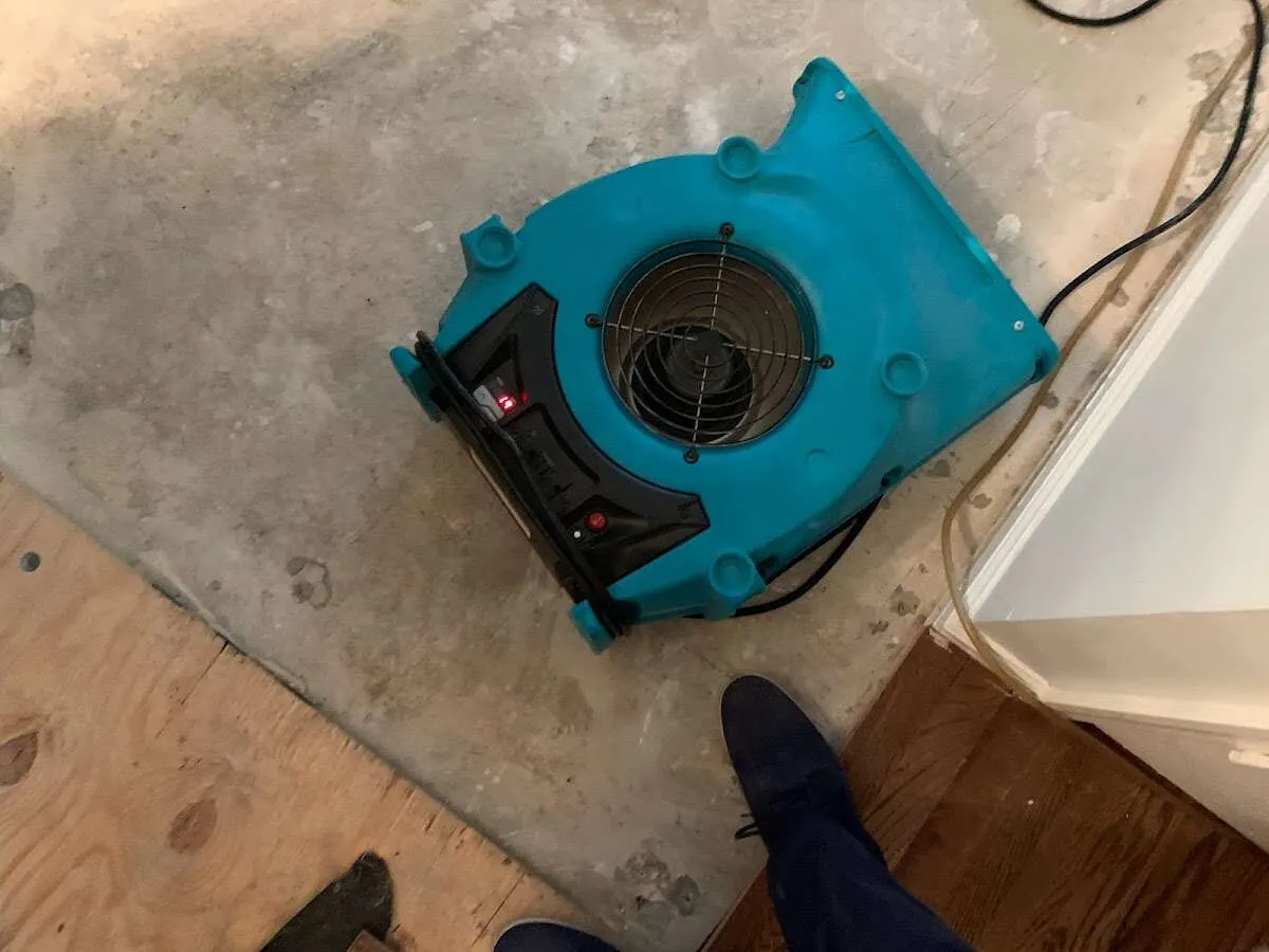 Air mover drying subfloor during Leak Detection & Repair in Crafton
